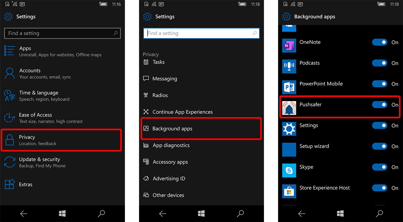Pushsafer Location Tracking Permissions Background APP Windows 10