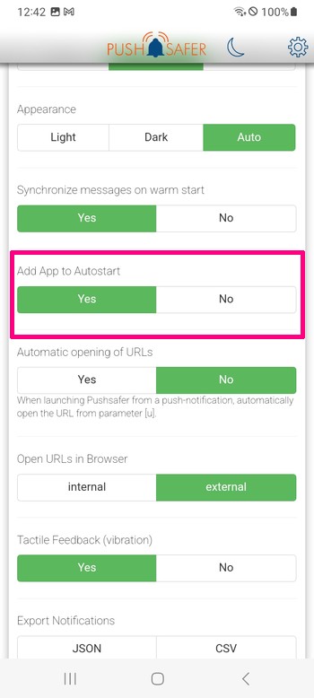Android Pushsafer add to Autostart inApp preferences